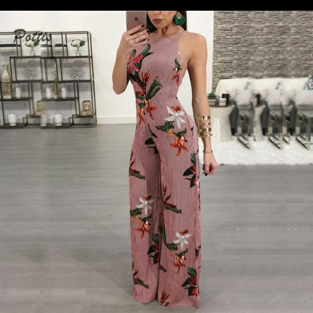 Floral Pinstripe Chiffon Jumpsuit| Backless Romper